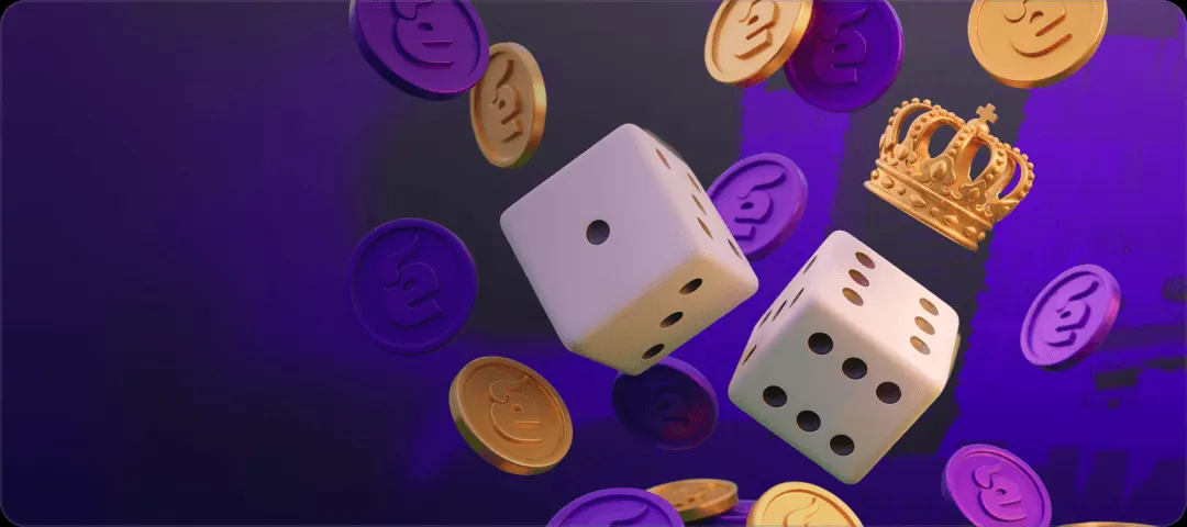 Dados blancos, fichas moradas y una corona dorada sobre fondo violeta
