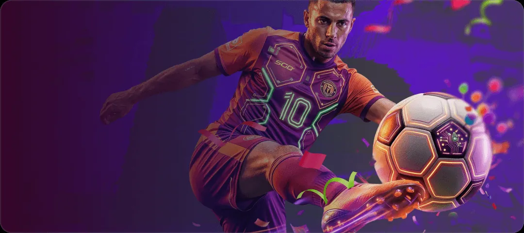 Futbolista con uniforme morado rematando un balón sobre fondo violeta