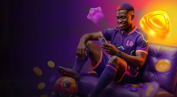 Hombre con camiseta morada sentado en un sillón mirando su celular