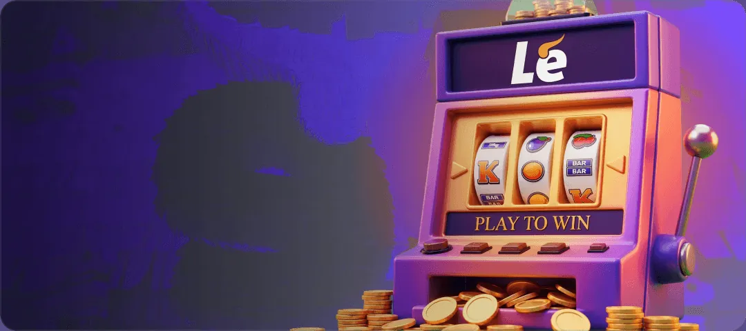 Máquina tragamonedas morada con el logotipo Le y monedas de oro