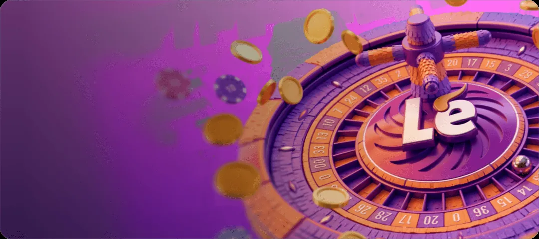 Ruleta morada con el emblema Le de lebull y monedas doradas